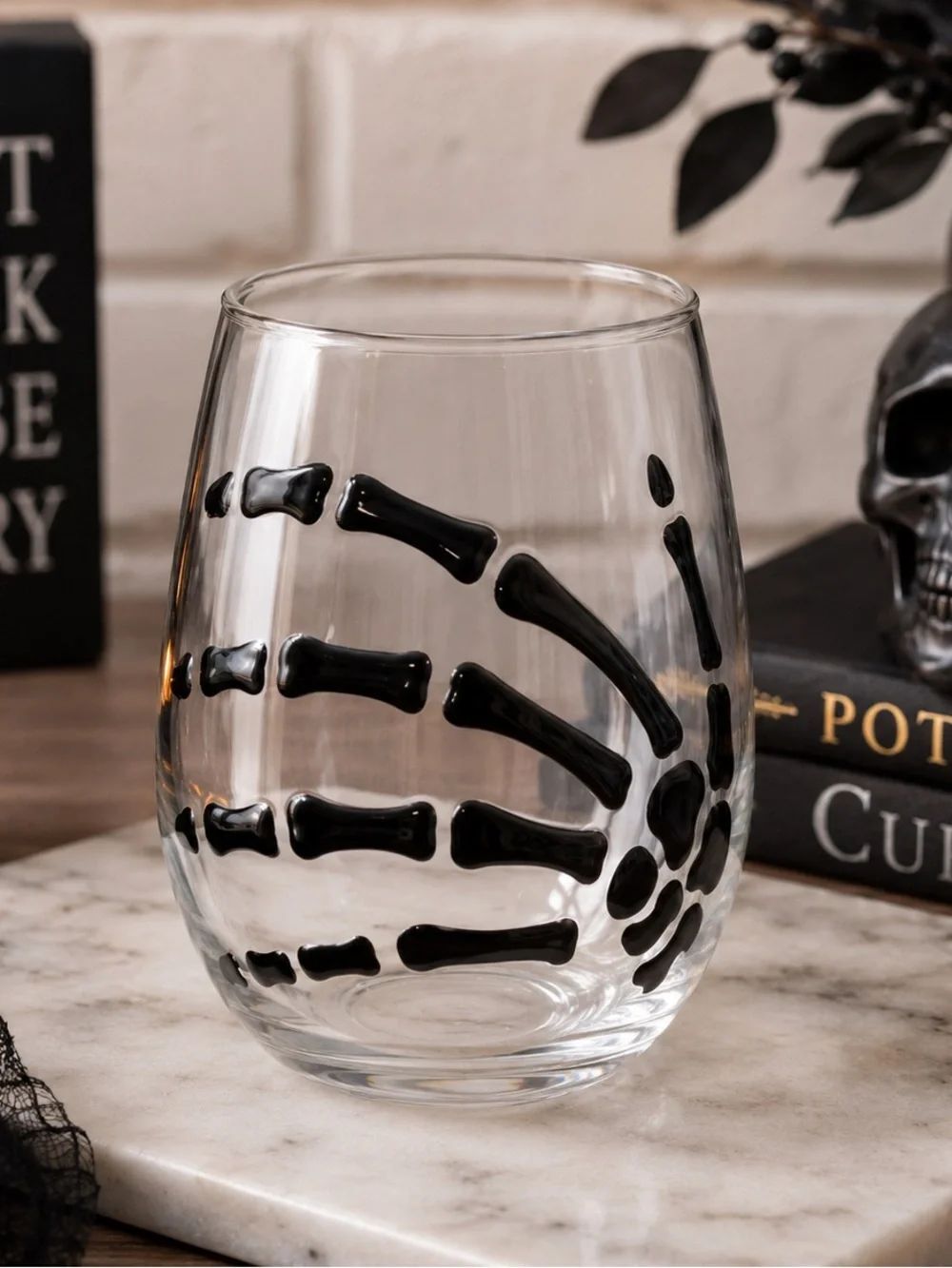 Stemless Halloween Skeleton hand wine glasses - painted